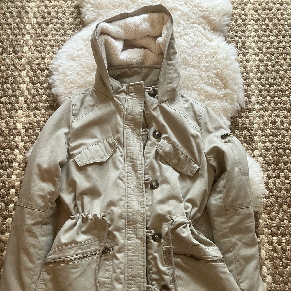 Women's Khaki Utility Jacket With Quilted Lining and Fleece Lined Hood M/L